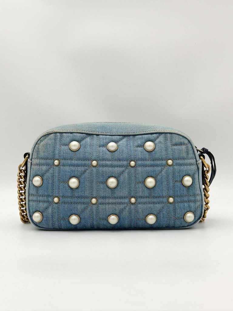 Gucci GG Marmont Camera Small Pearl Studded Denim bag