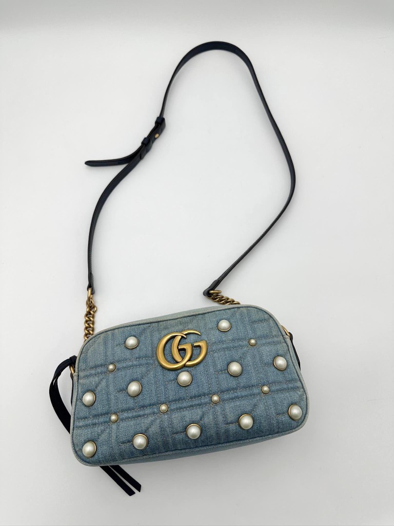 Gucci GG Marmont Camera Small Pearl Studded Denim torebka