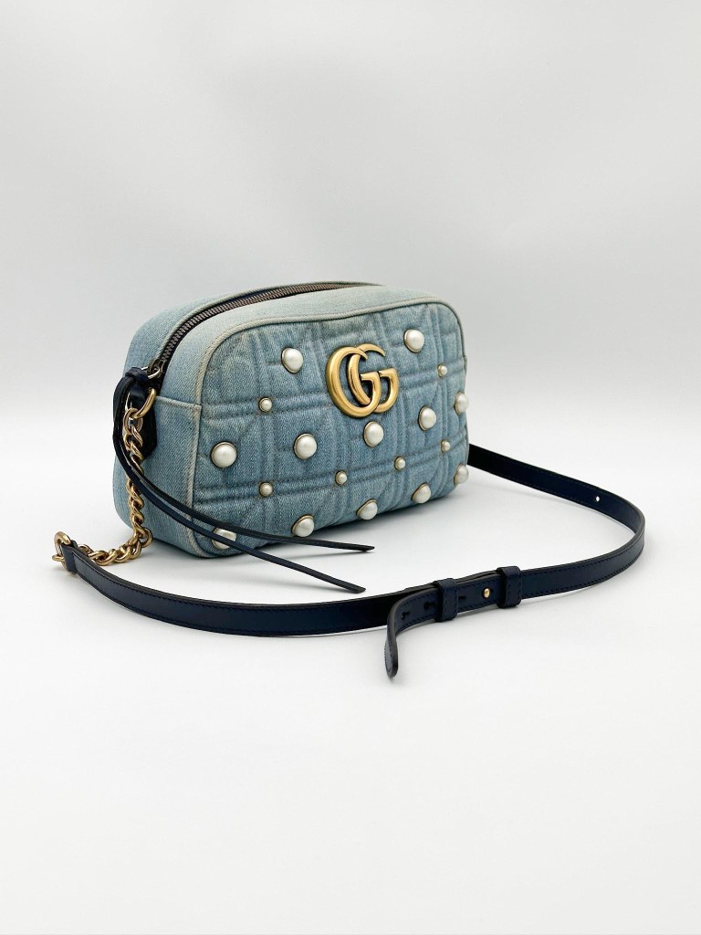 Gucci GG Marmont Camera Small Pearl Studded Denim torebka