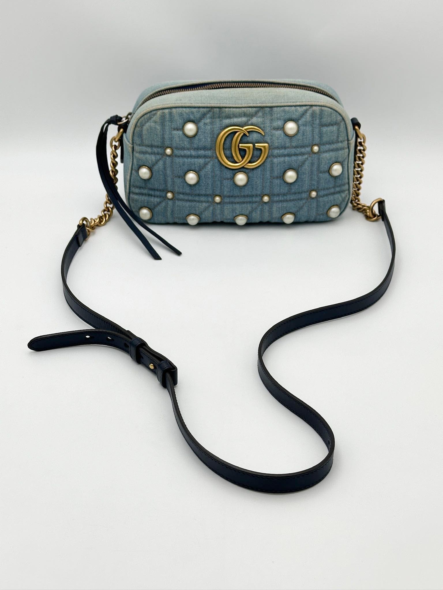 Gucci GG Marmont Camera Small Pearl Studded Denim bag