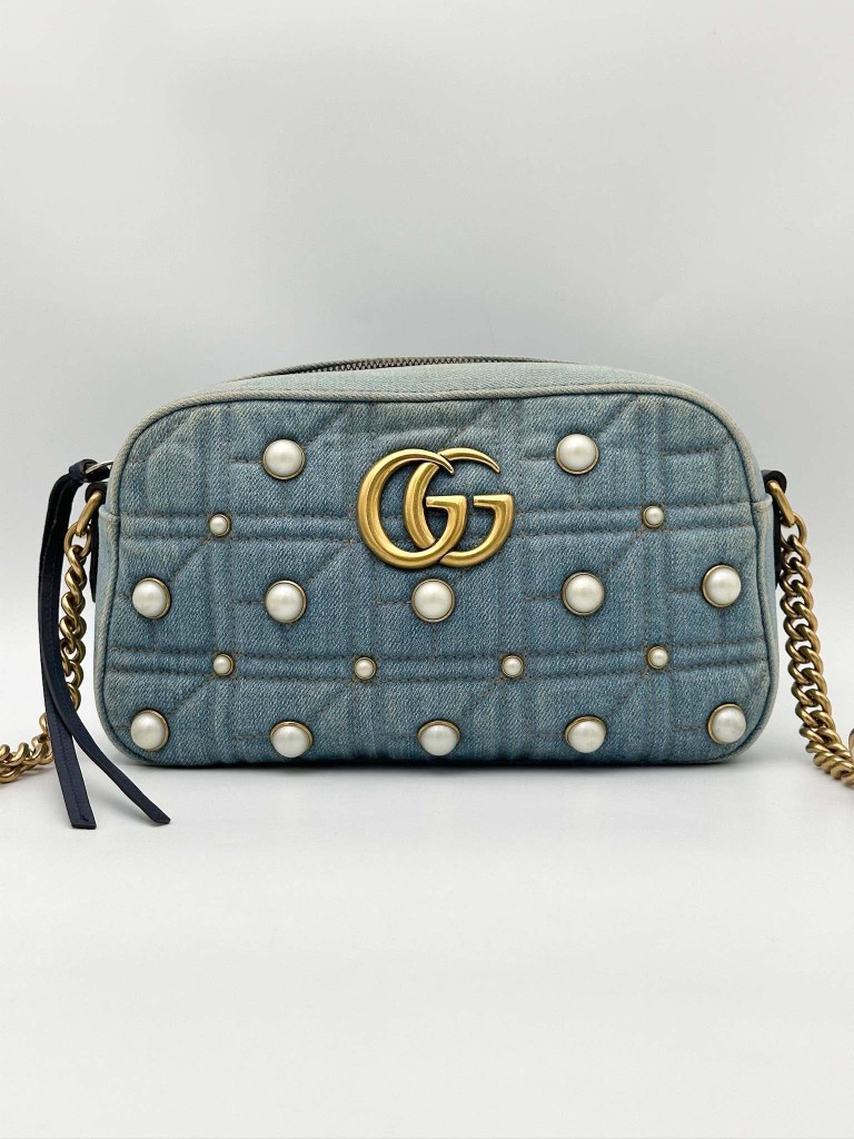 Gucci GG Marmont Camera Small Pearl Studded Denim bag