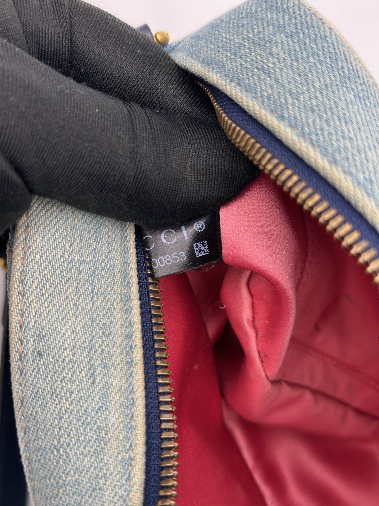 Gucci GG Marmont Camera Small Pearl Studded Denim bag