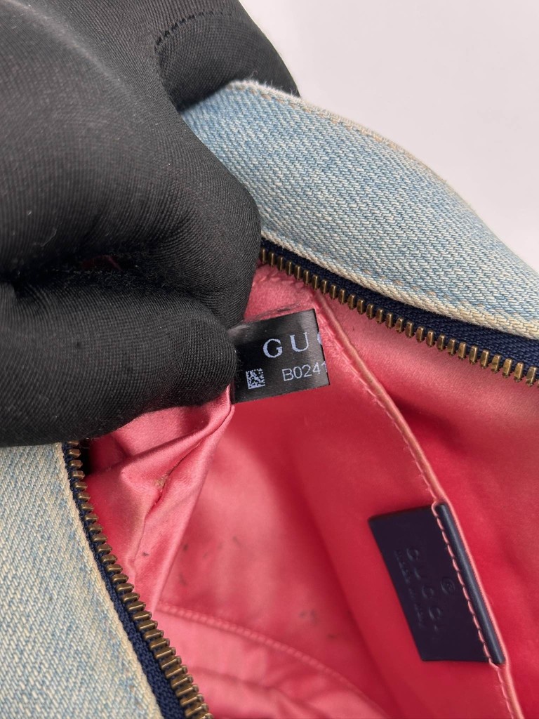 Gucci GG Marmont Camera Small Pearl Studded Denim bag
