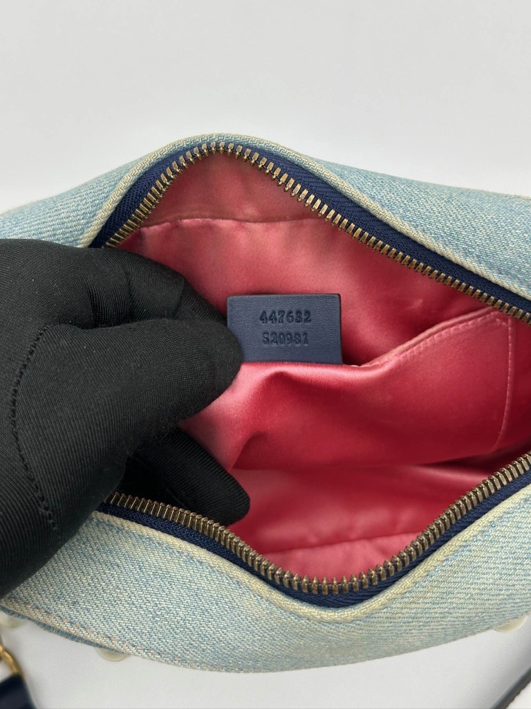 Gucci GG Marmont Camera Small Pearl Studded Denim torebka