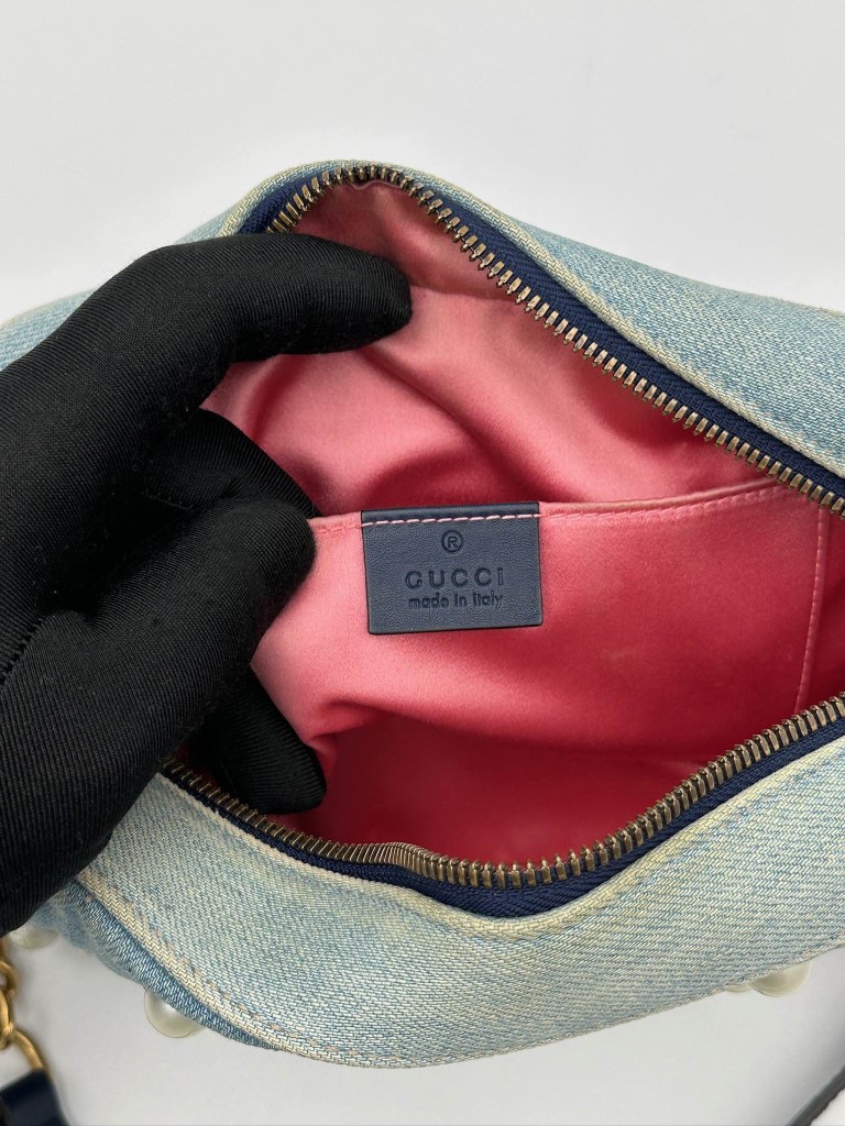 Gucci GG Marmont Camera Small Pearl Studded Denim bag