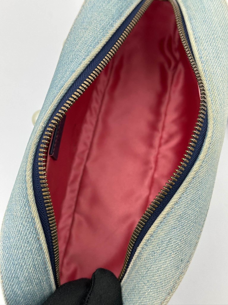 Gucci GG Marmont Camera Small Pearl Studded Denim bag