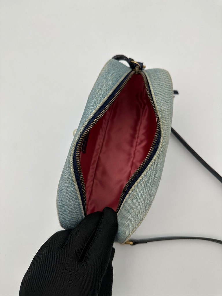 Gucci GG Marmont Camera Small Pearl Studded Denim bag