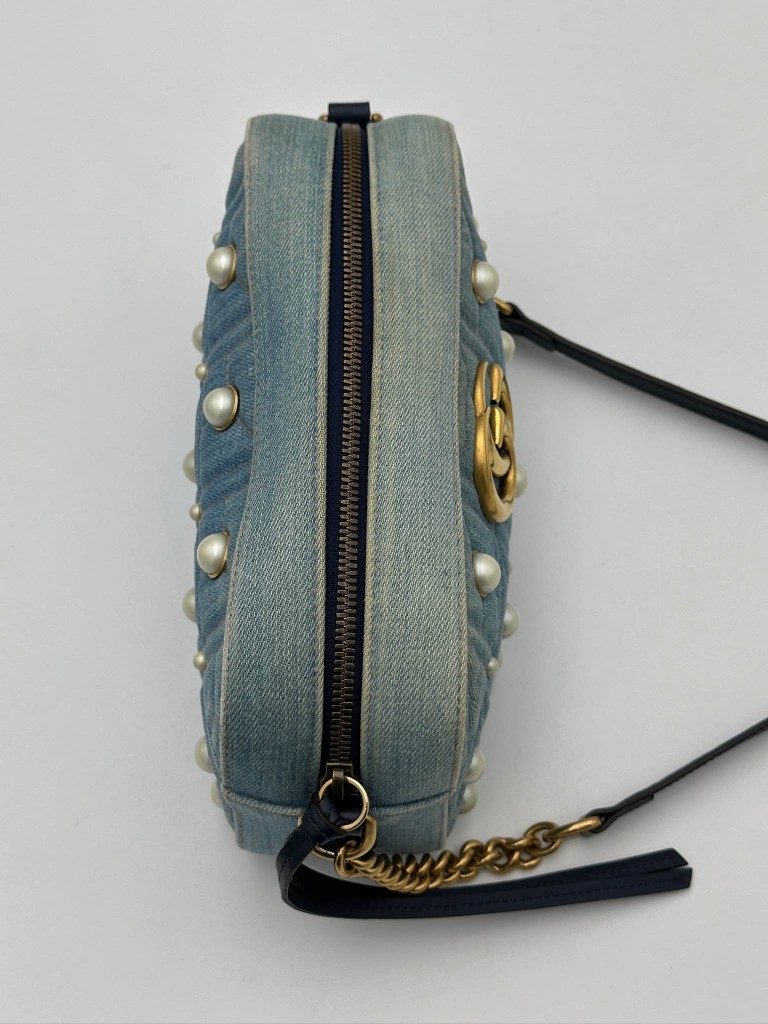 Gucci GG Marmont Camera Small Pearl Studded Denim bag