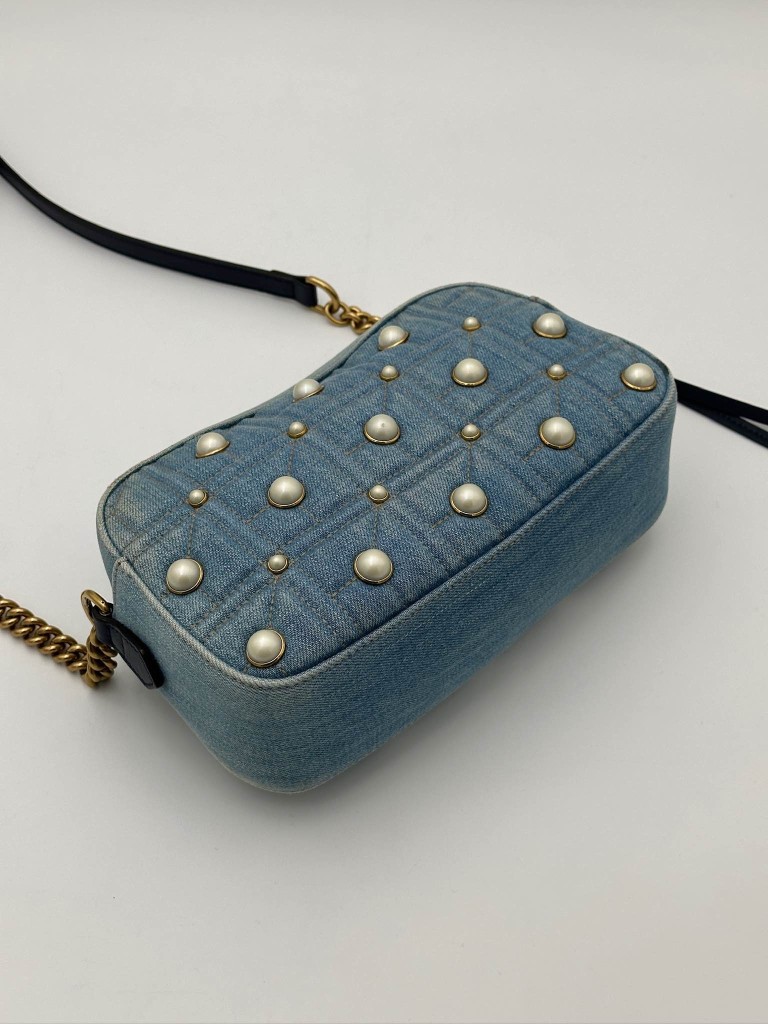 Gucci GG Marmont Camera Small Pearl Studded Denim bag