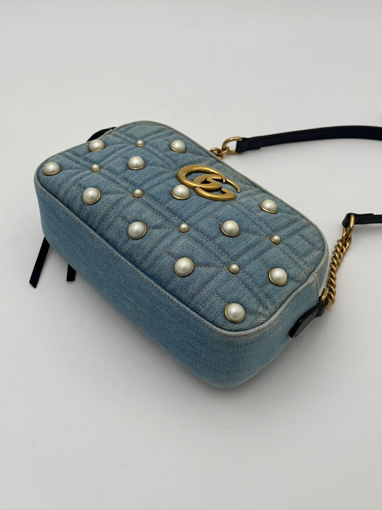 Gucci GG Marmont Camera Small Pearl Studded Denim torebka