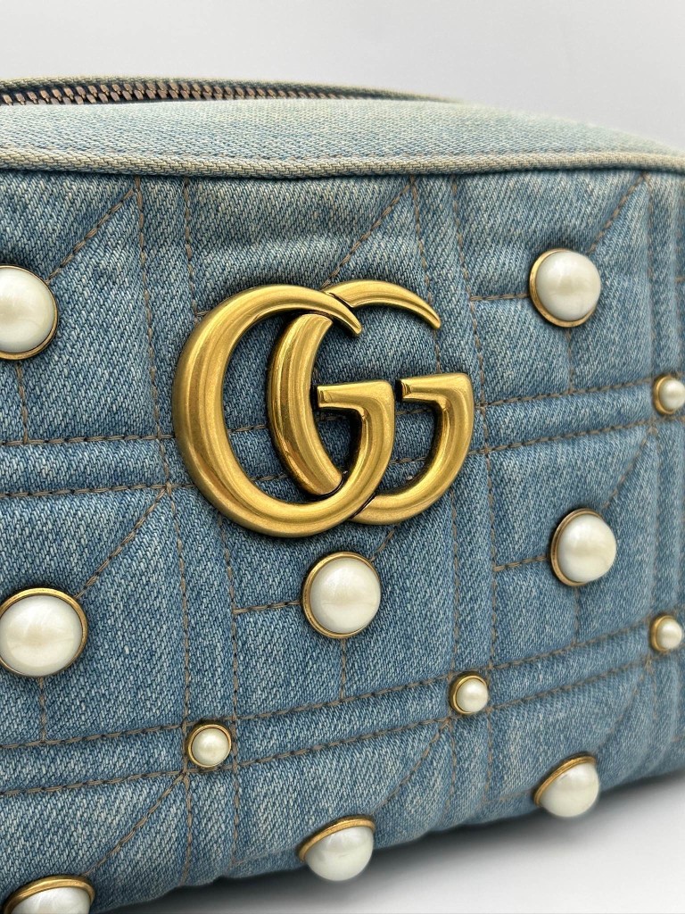 Gucci GG Marmont Camera Small Pearl Studded Denim torebka