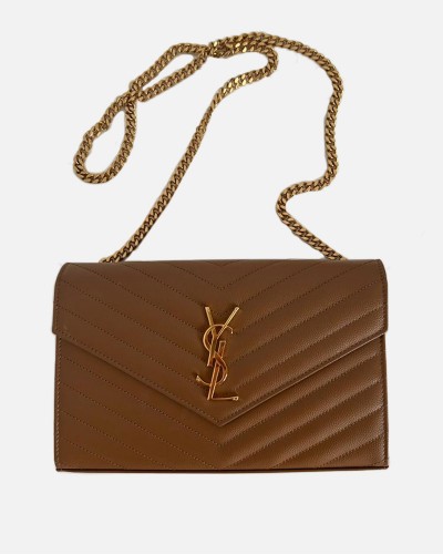 Saint Laurent Monogram Chain Envelope Brown Caramel Calfskin Leather bag