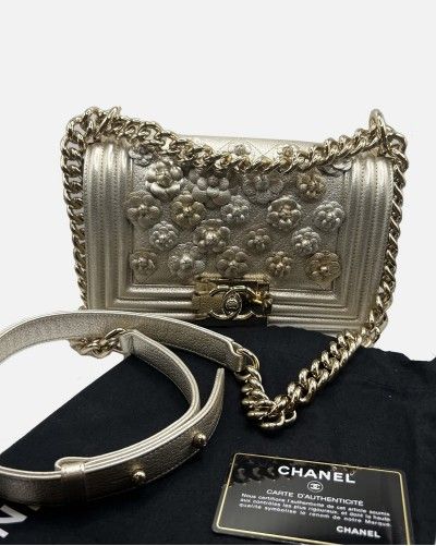 Chanel Metallic Calfskin Quilted Camellia Small Boy Flap Gold